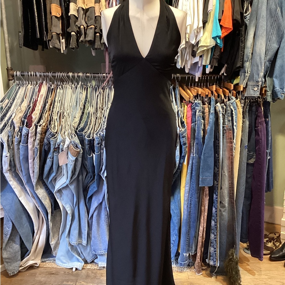 Elba Black Halter Plunge Neck Slip maxi Formal dress